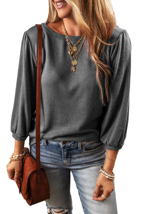 Solid Color 3/4 Sleeve Round Neck Blouse